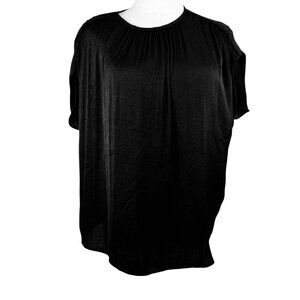 Maison d'Amelie Black Pleated Blouse SZ:M Oversized Gathered Neck Flutter Sleeve